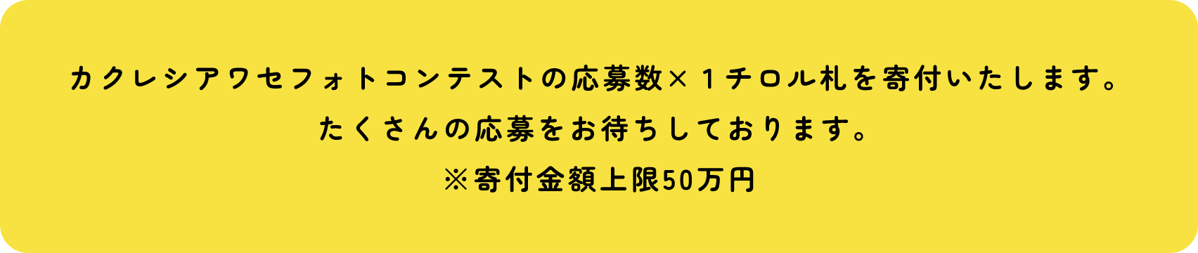 カクレシアワセフォトコンテストの応募数×１チロル札を寄付いたします。
            たくさんの応募をお待ちしております。
            ※寄付金額上限50万円