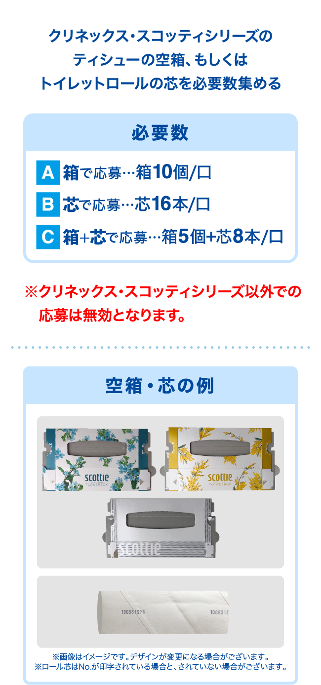 クリネックス・スコッティシリーズのティシューの空箱、もしくはトイレットロールの芯を必要数集める ※クリネックス・スコッティシリーズ以外での応募は無効となります。